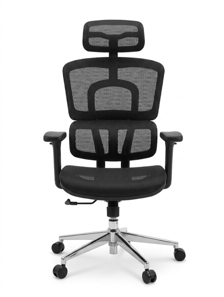 Mesh highback office chair with chrome base, front view