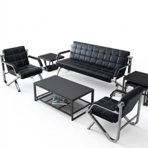 Black grid-tufted three-seater and two one-seater reception couch suite